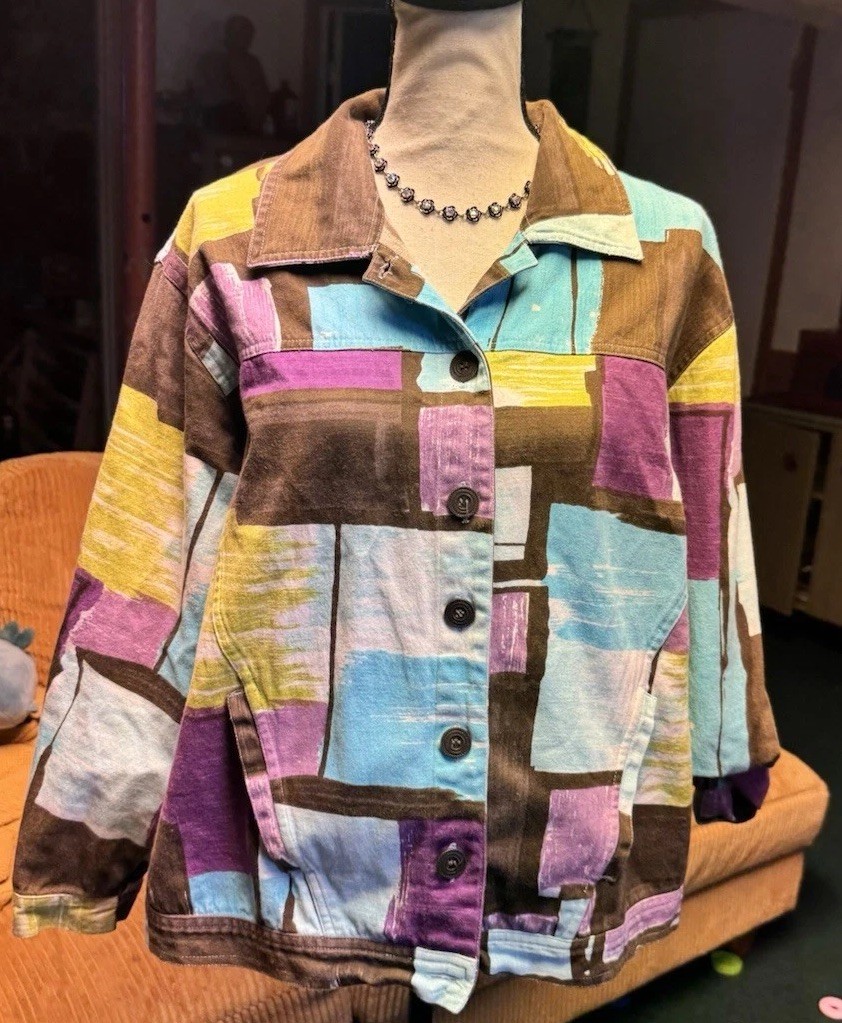 Vintage Color block Purple brown Structured Button Jacket Retro Artsy Boho sz 1X