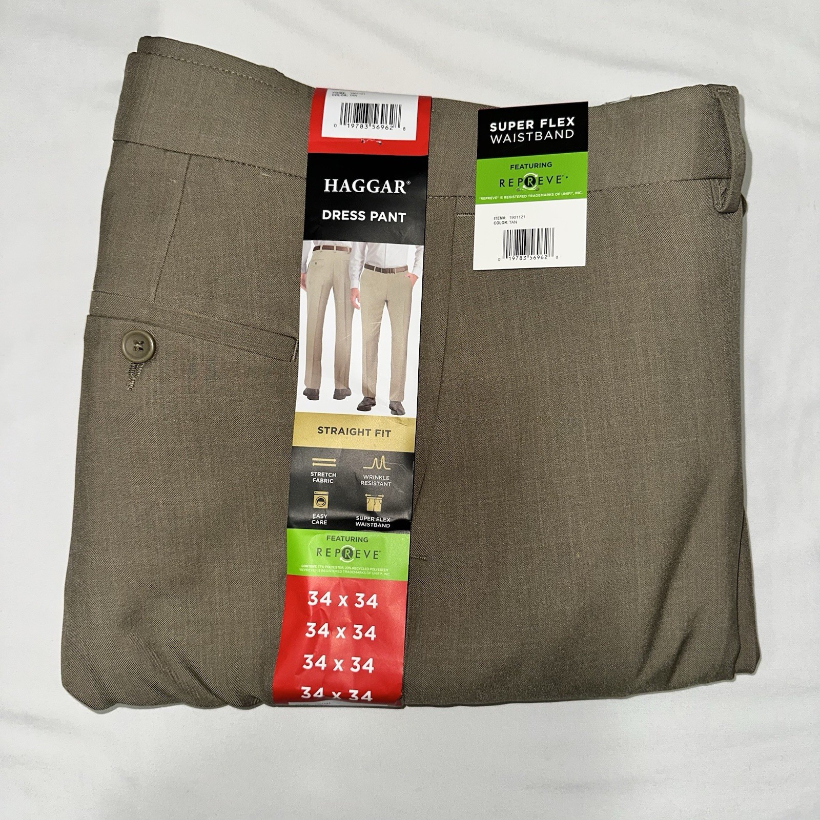 NWT Haggar Dress Pant Pleated Straight Fit Stretch Super Flex tan brown 34x35x34