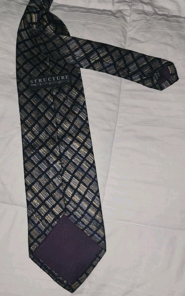Structure Men’s Designer Silk Woven Tie Geometric Pattern Black Gold Blue