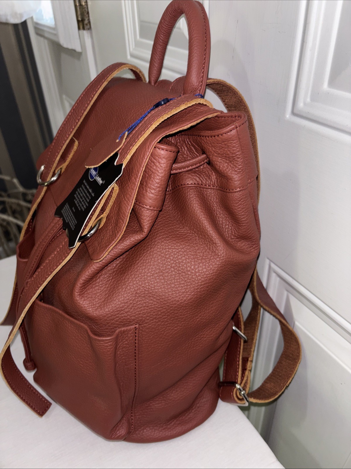 NEW Chief Flapover Brown Drawstring Leather Backpack 13.75 X 12.75 X 6.25”