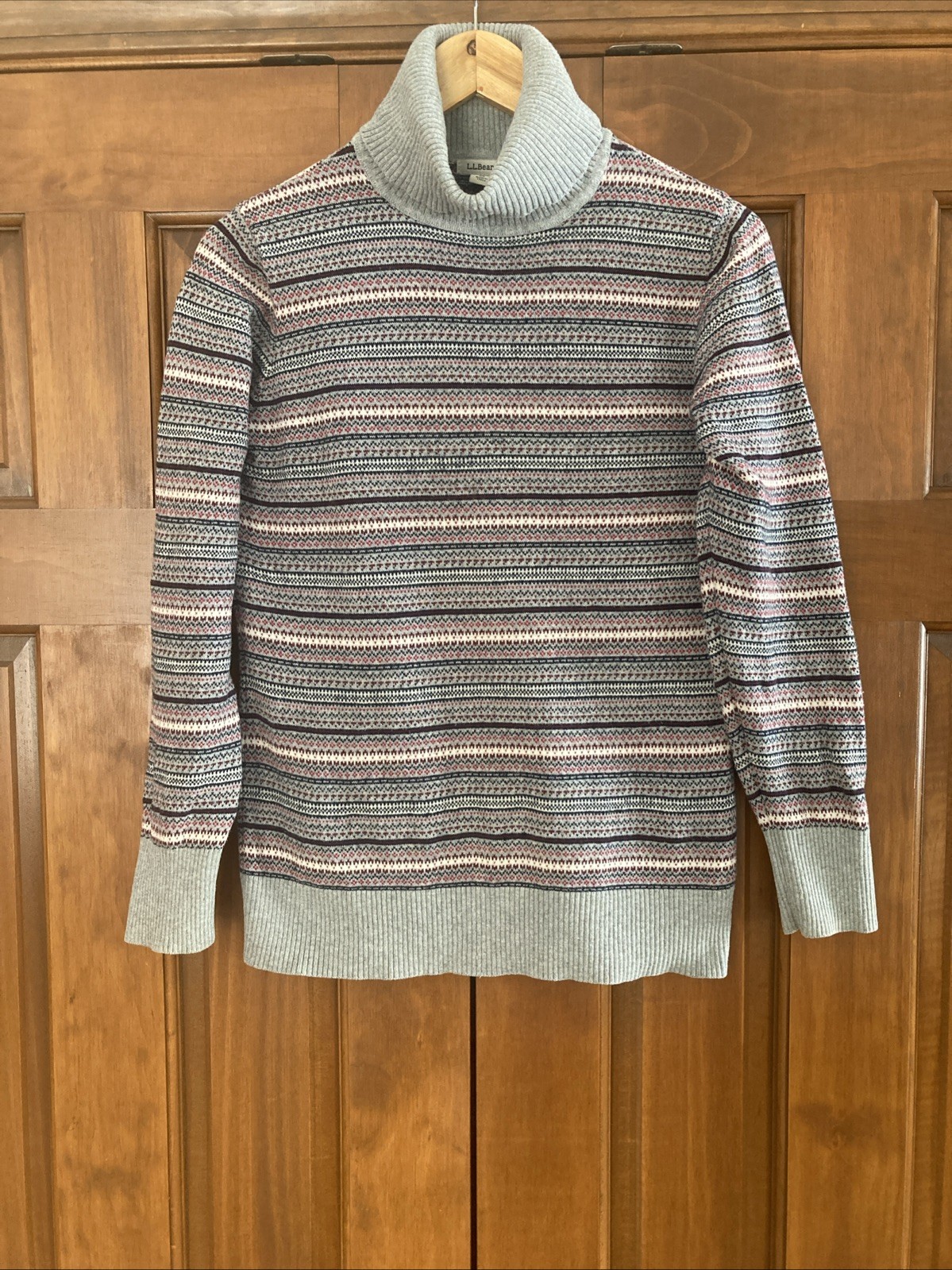 LLBEAN Fair Isle Turtleneck Sweater Womens Sz M Gray Cotton Cashmere Fair Aisle