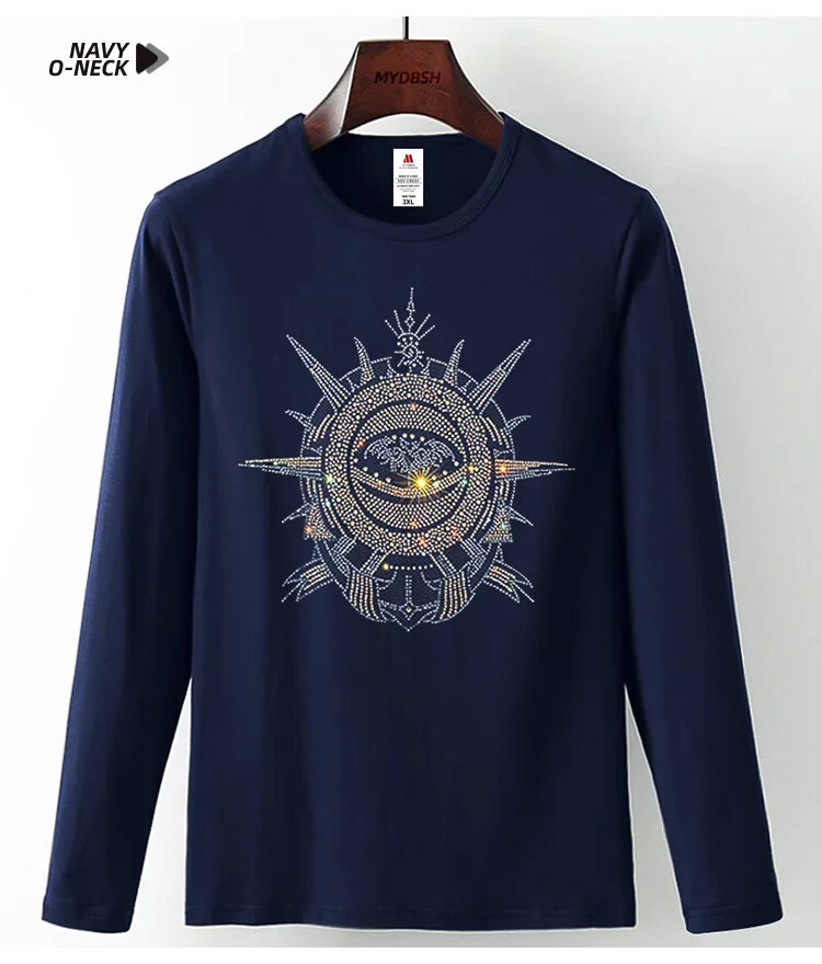 Fashion Trend Stone Rhinestones Streetwear Long Sleeve Luxury Men V-Neck T-Shirt