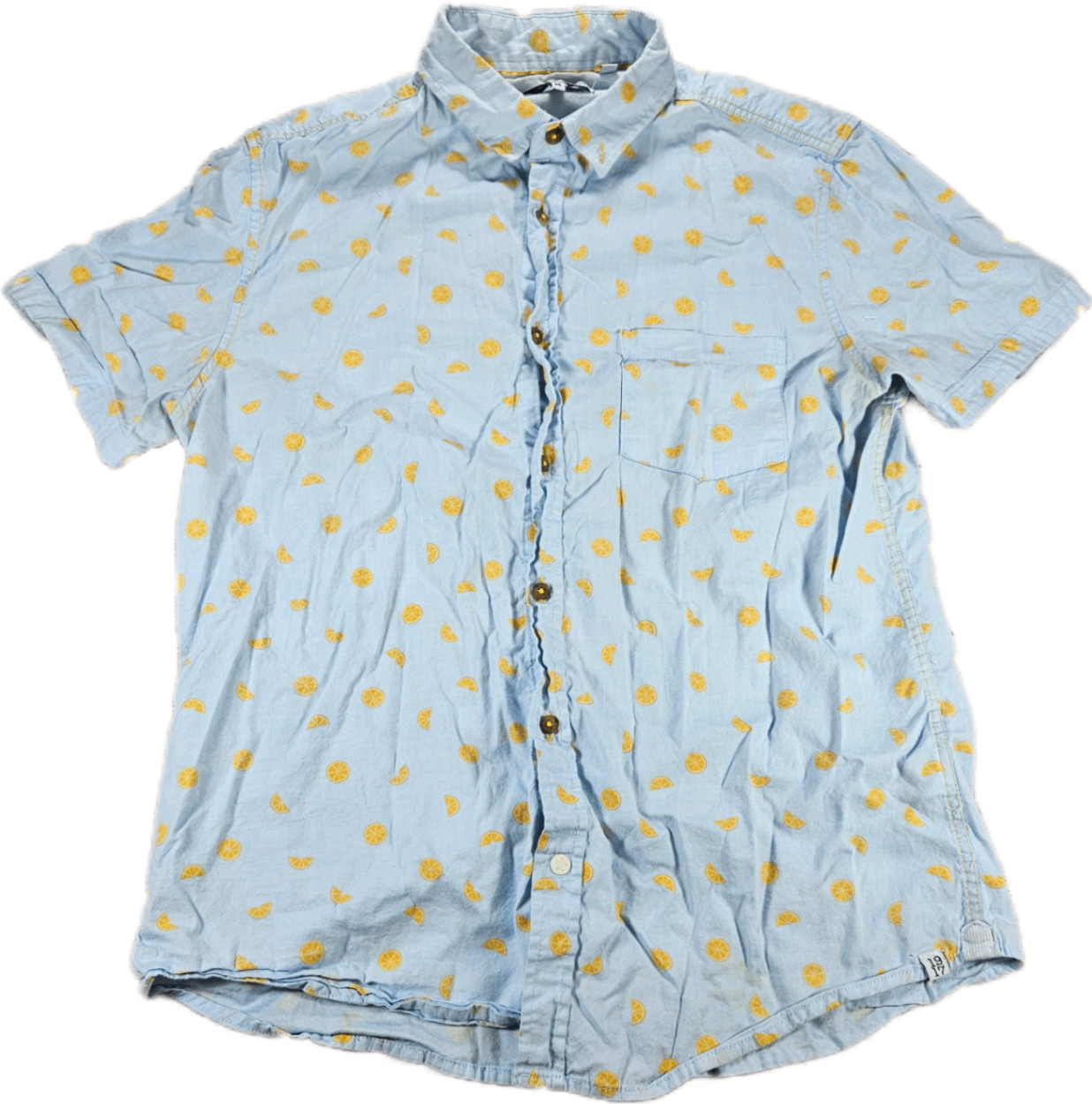 Sovereign Code Men’s Light Blue Yellow Lemon Print Cotton Short Sleeve Shirt M