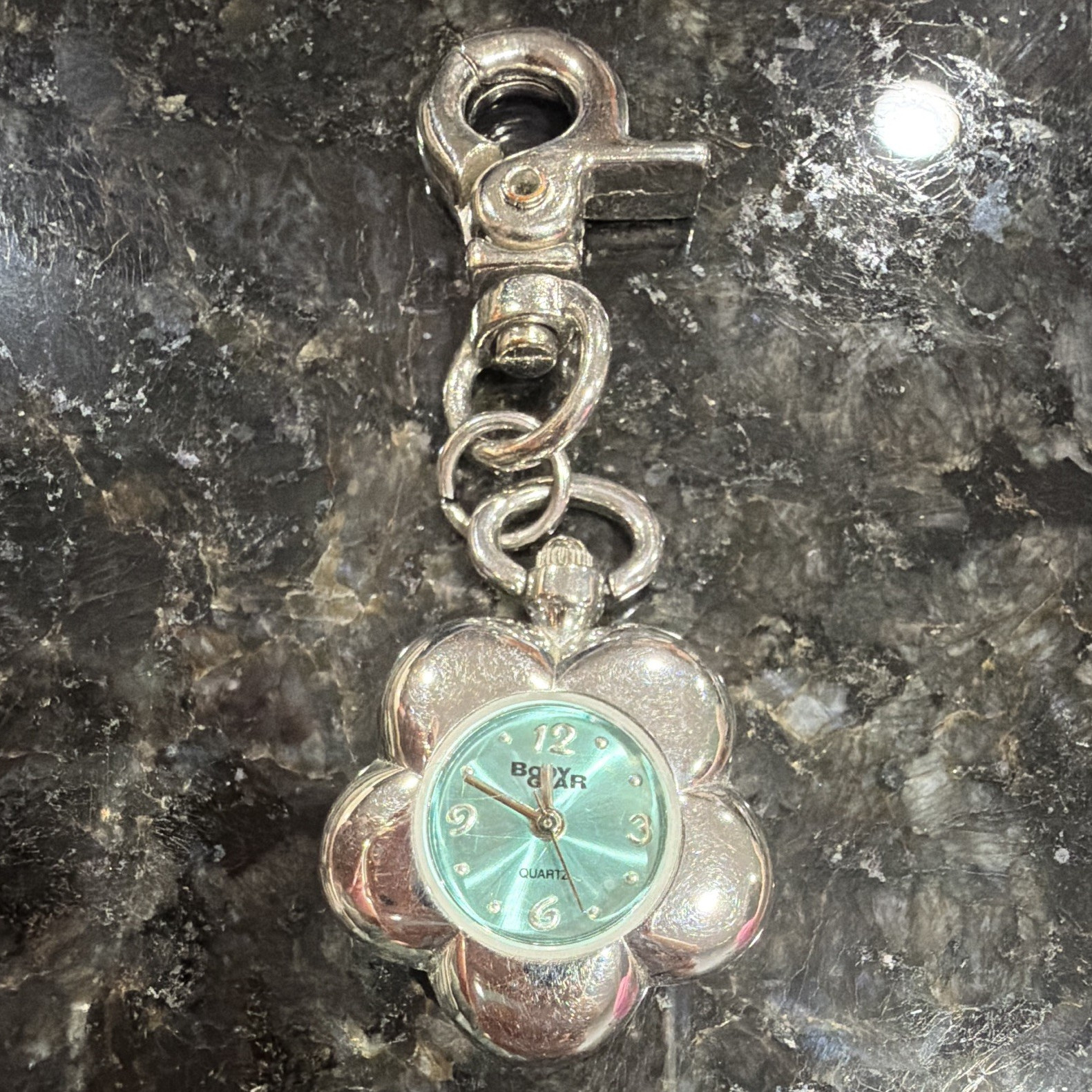 Body Glove Flower Charm Key Chain w/ Clock Accent, Stainless Steel, Blue/Silver
