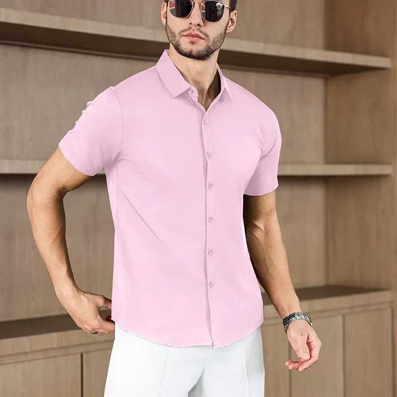 Men’s Business Casual Short Sleeve Shirt Summer Solid Color Top