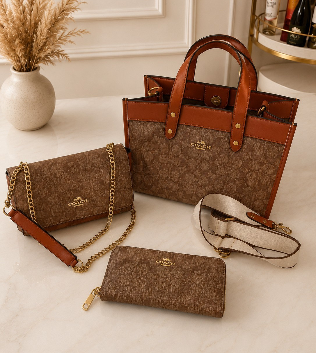 Brown Logo Top Handle Satchel Set w/ Detachable Strap