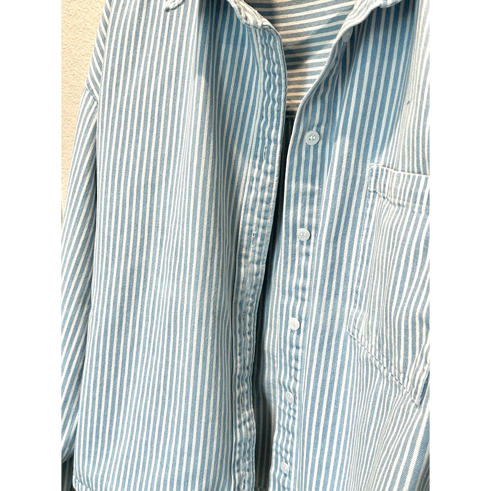 RSQ Blue White Stripe Crop Button Up Shirt XL Oversized