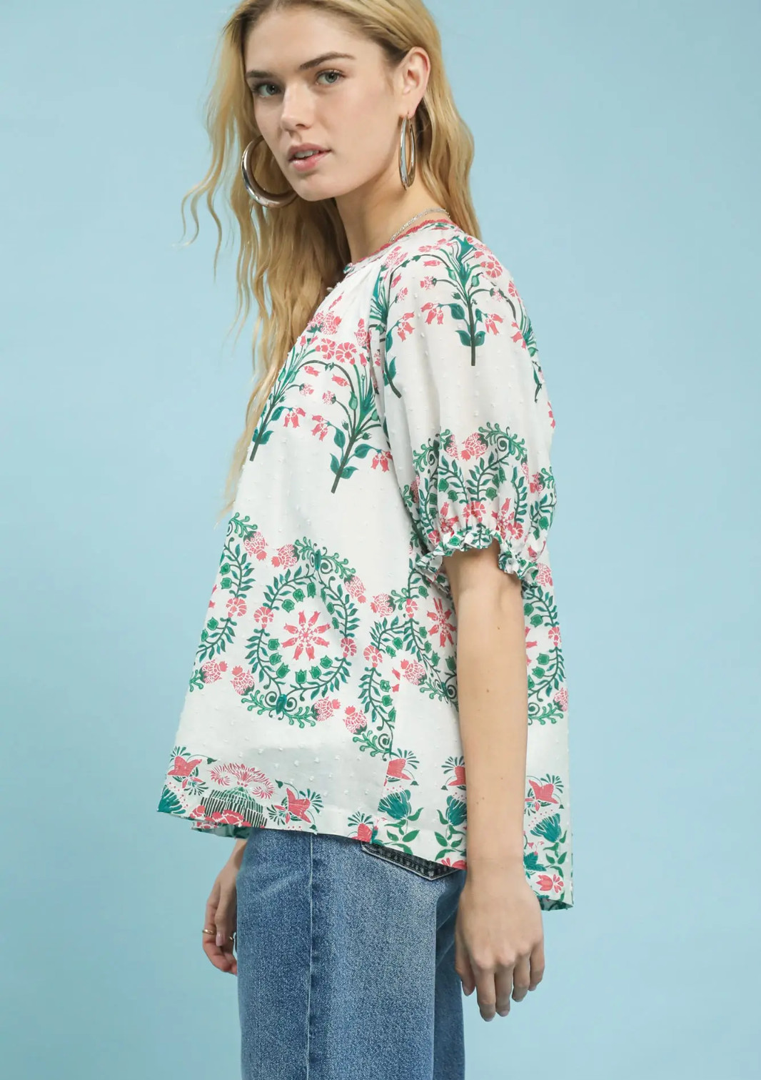Umgee Floral Lace Detail Puff Sleeve Summer Top in Pink Ivory