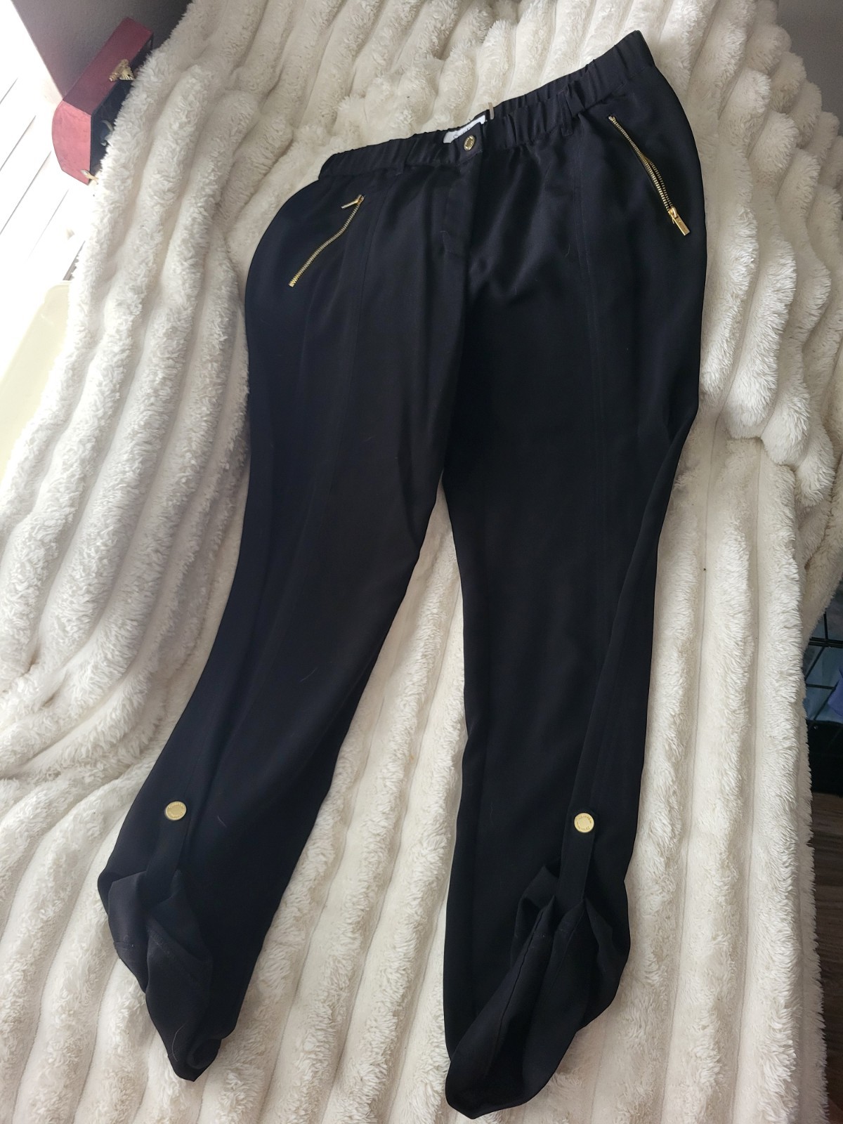 Calvin Klein Ladies Pants Small 30″ Black Gold Snap Pockets Button Accent Straps