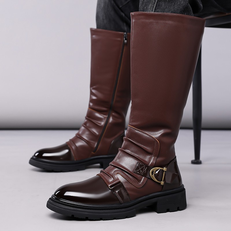 Mid Claf Boots Men’s Vintage Pleated Patent Leather Riding Motorcycle Punk Shoes