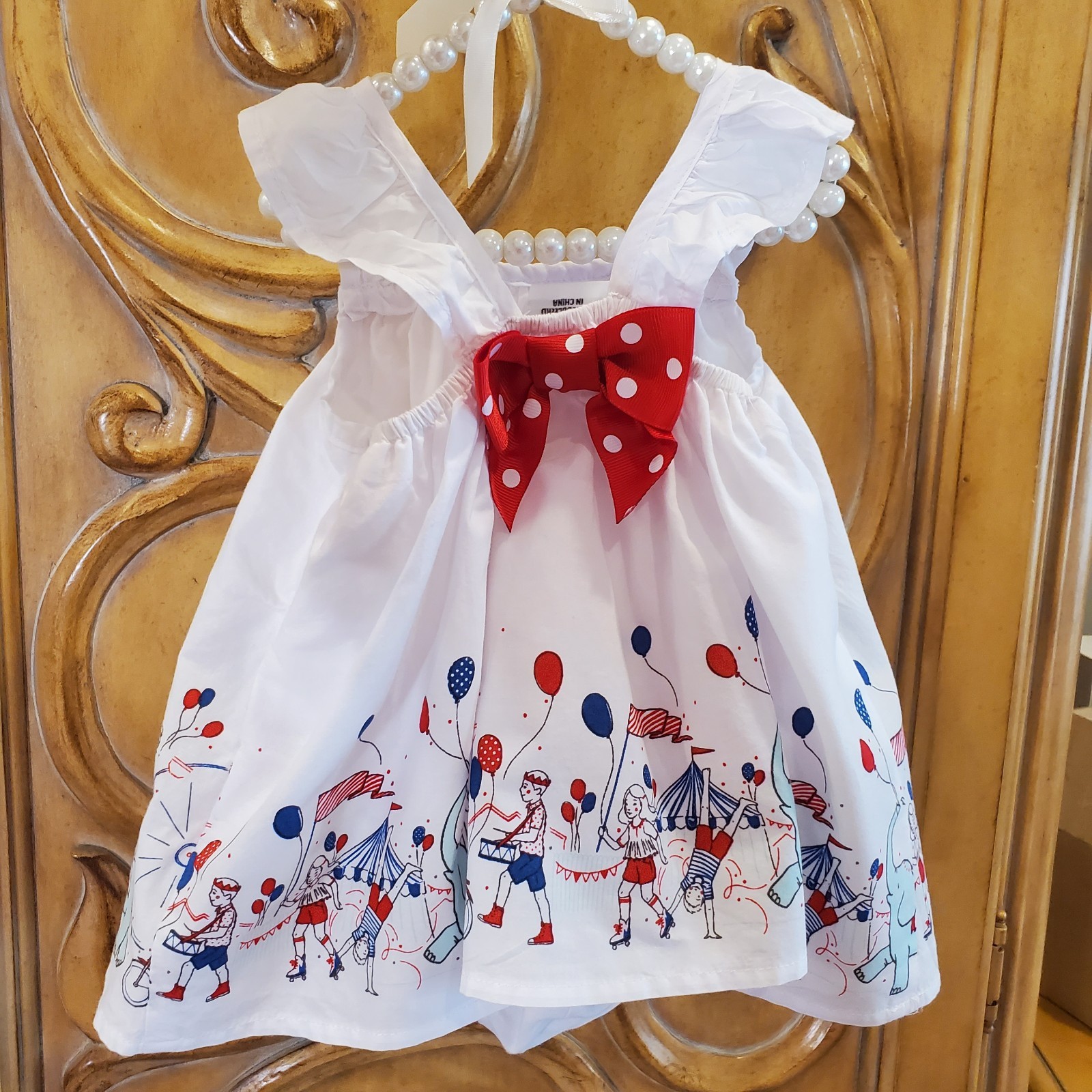 PolkaTots Baby Girl Dress 0-3M Circus Carnival Red White Blue Bow Ruffle Whimsy