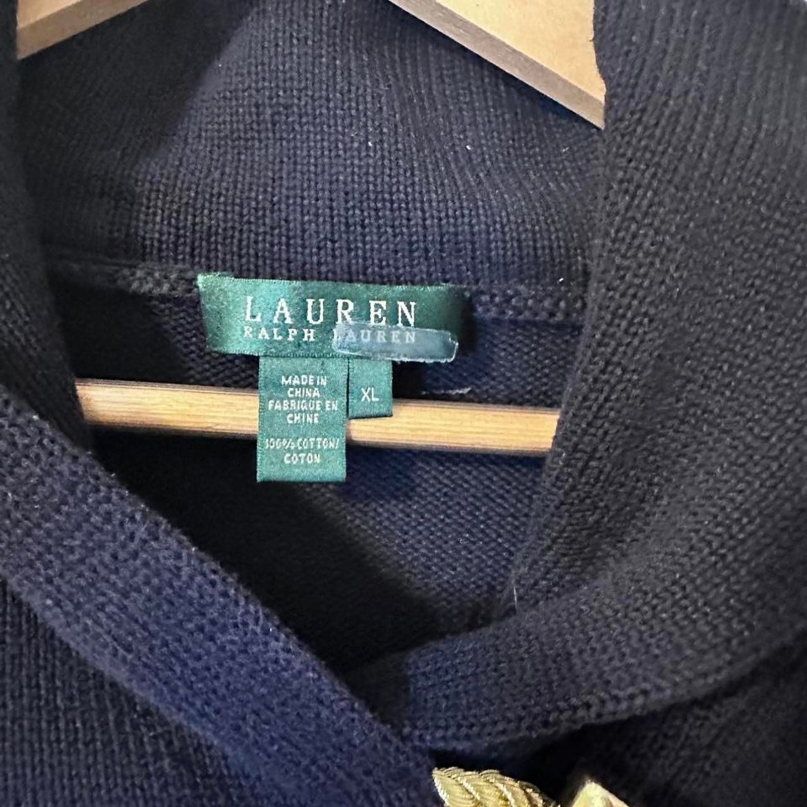 Lauren Ralph Lauren Gold Toggle Cotton Knit Sweater w/ Shawl Collar