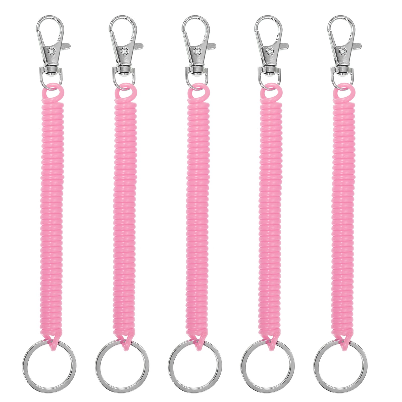 5pcs Retractable Coil Spring Keychain with Lobster Clasp Keyring 17cm Pink
