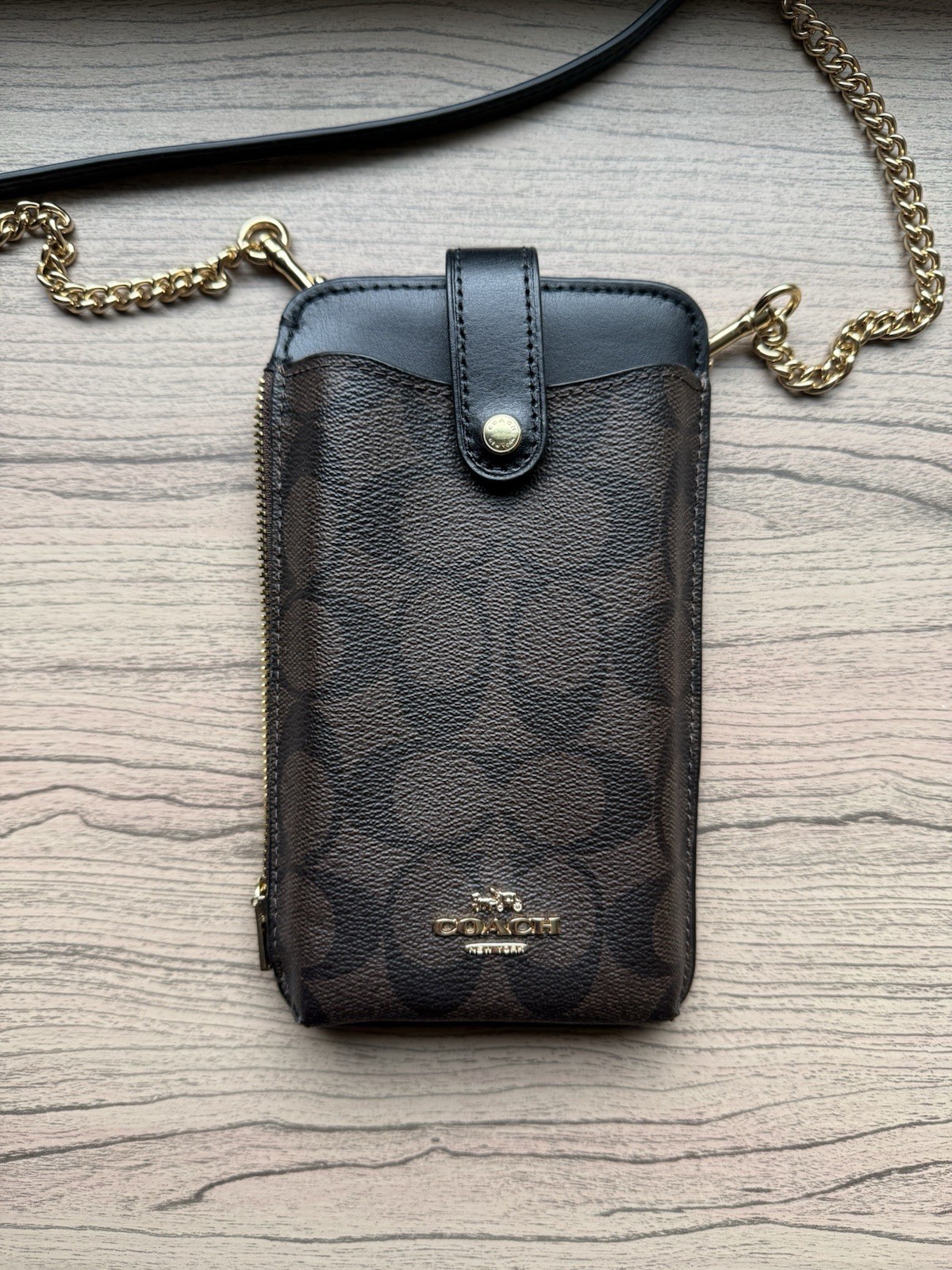 COACH C7397 North South Phone Crossbody Signature Canvas Brown Black Gold Chain