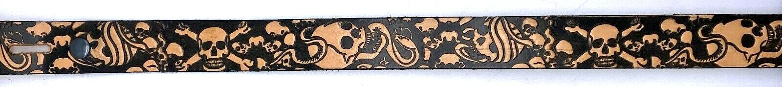 SKULLS EMBOSSED MOTORCYCLE COWHIDE LEATHER BELT SIZE 26-48 USA MADE