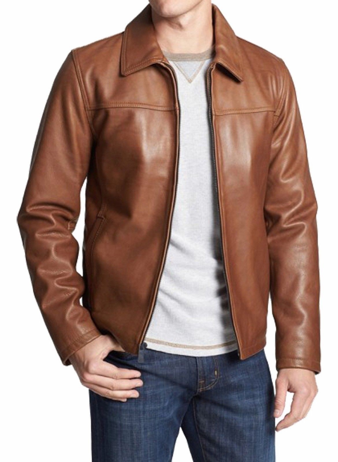 Leather Jacket Mens Biker Motorcycle Style Men Genuine Real Racer Soft Tan 4