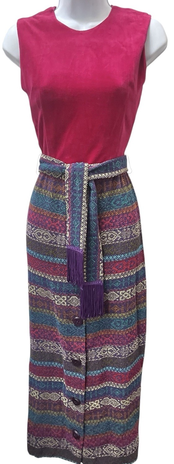 Vtg 60s Southwestern Boho Tapestry Maxi Dress XS Fringe Belt Sleeveless Velvet