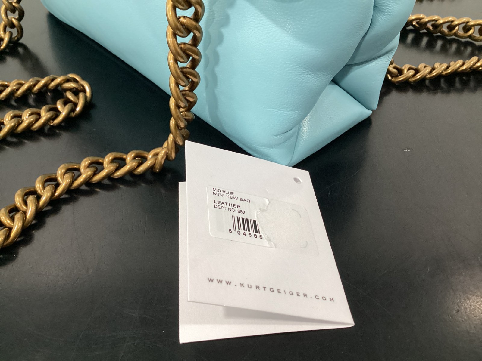 Kurt Geiger Mini Kew 7.75″ x 5″ x 2.5″ Soft Leather Mid Blue Antique Brass New