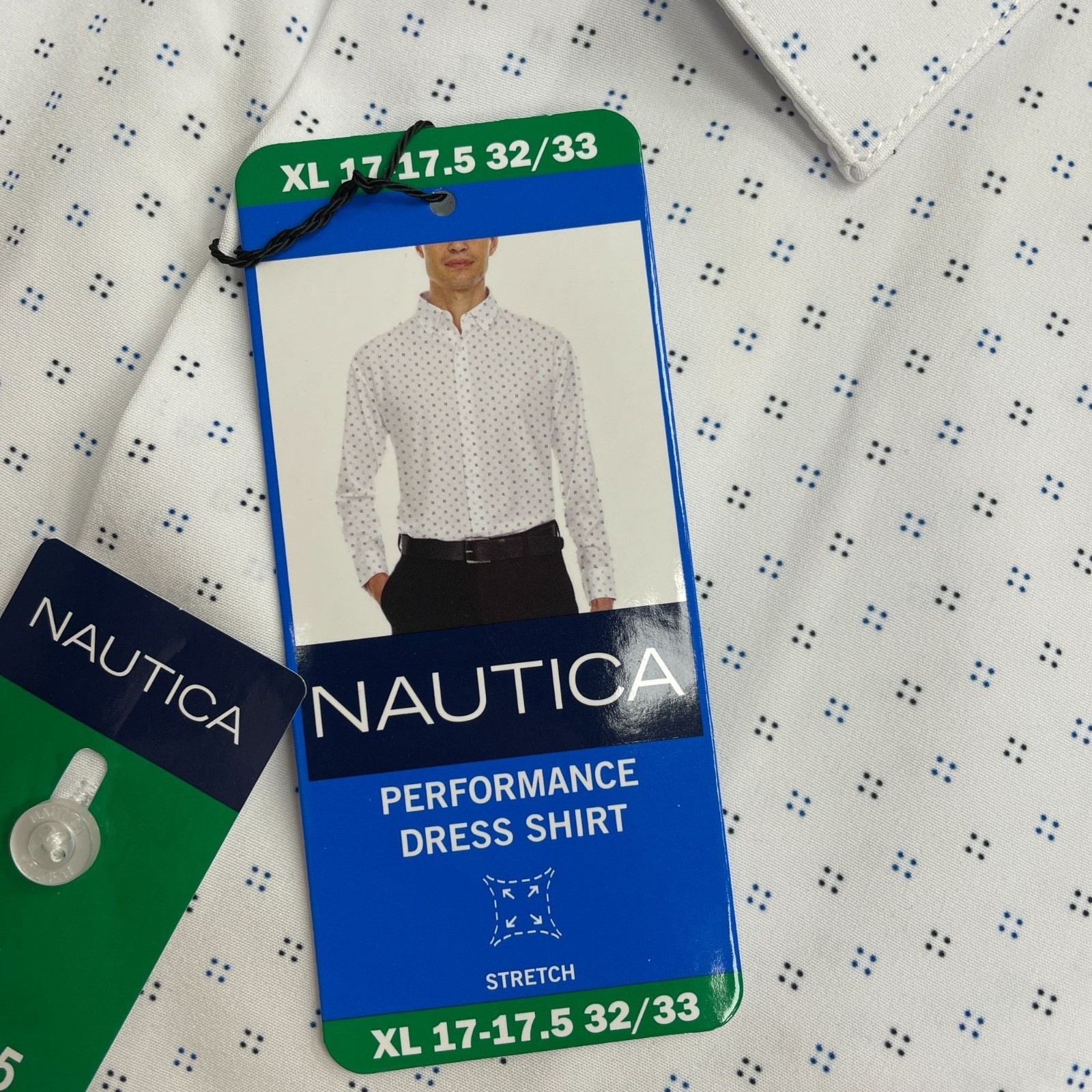 Nautica Slim Fit Men’s XL Performance Dress Shirt White W/ Blue Dot N0186