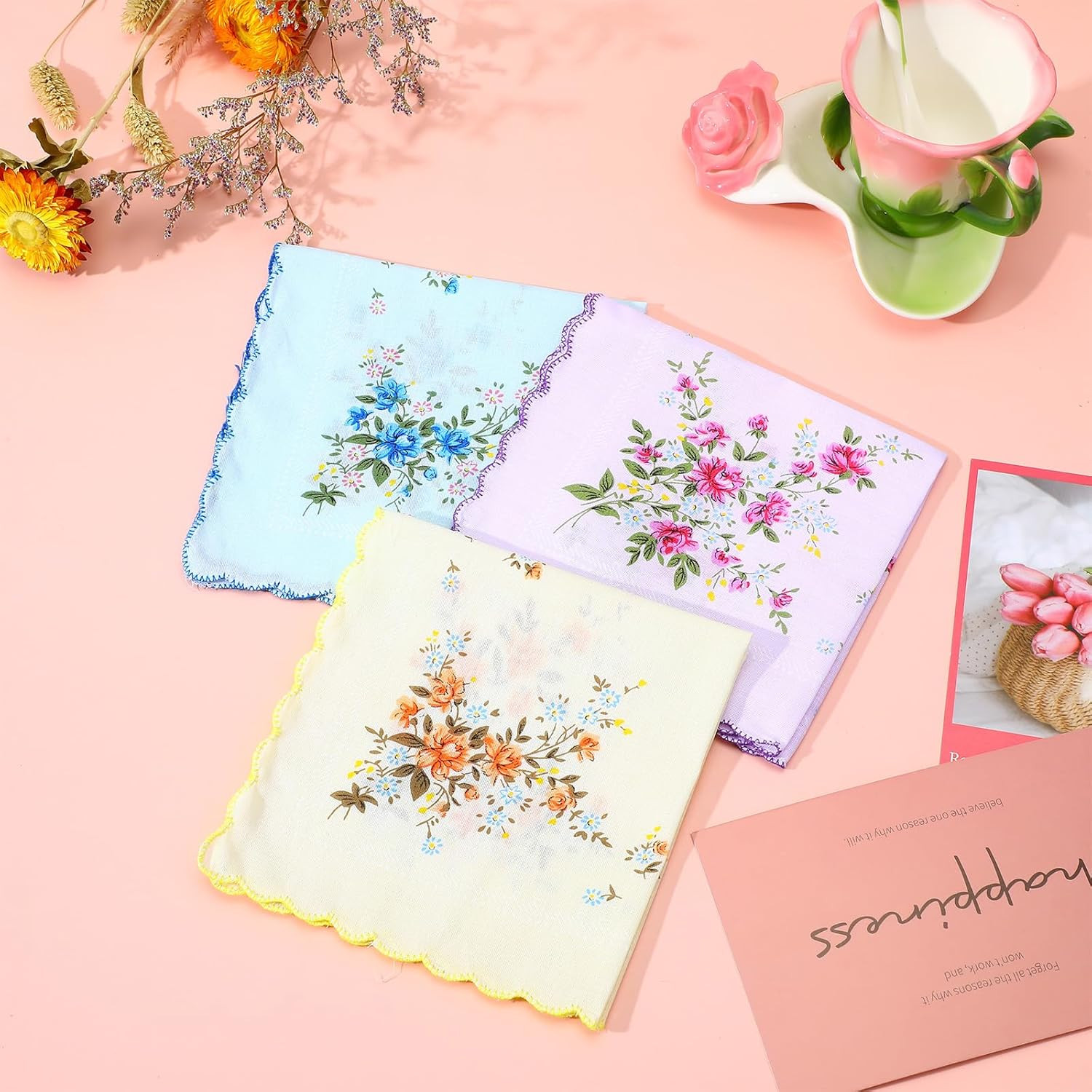 6 Pcs Womens Handkerchiefs Cotton Soft Vintage Floral Embroidered Hankies Organi