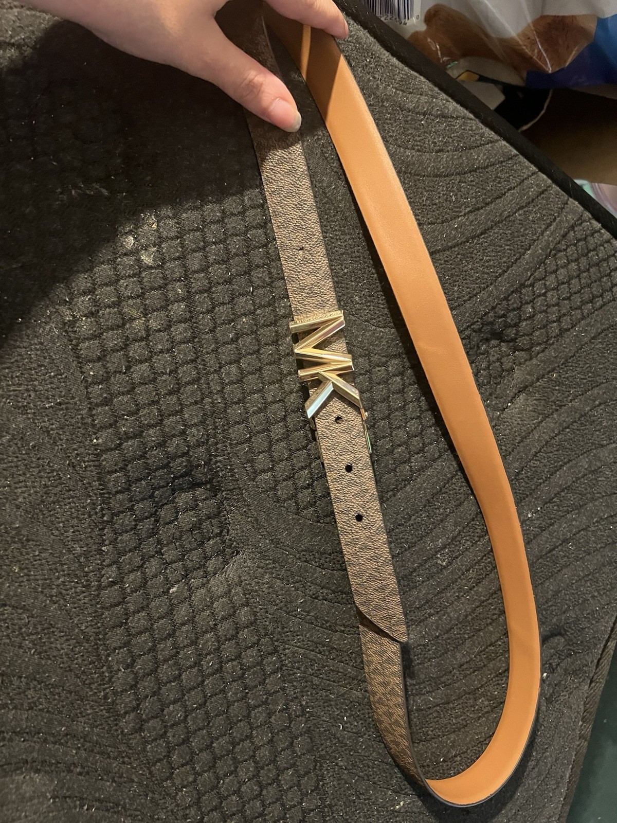 Michael Kors Women’s Reversible Logo Dress Belt, Gold MK Buckle, Adjustable