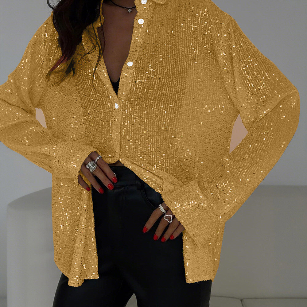 Womens Sequin Glitter Shiny Button Down Shirt Ladies Clubwear Party Tops Blouse