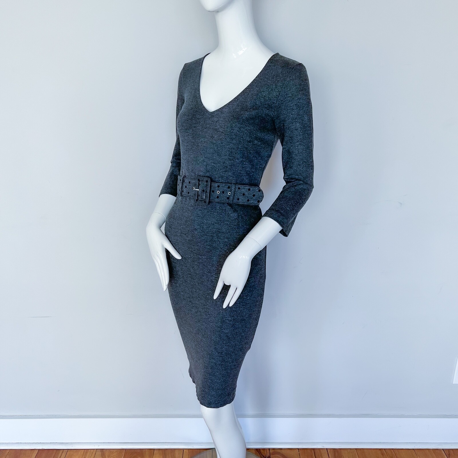 SUOLI | MADE IN ITALY 42IT 6US Midi Office Business Grey Bodycon Stretch Dress