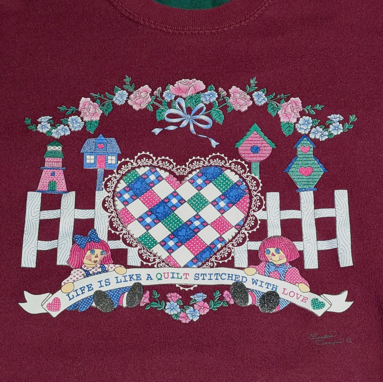 Vintage Sweatshirt Endless Designs Sz Large Quilt Heart Love Bird House Plum
