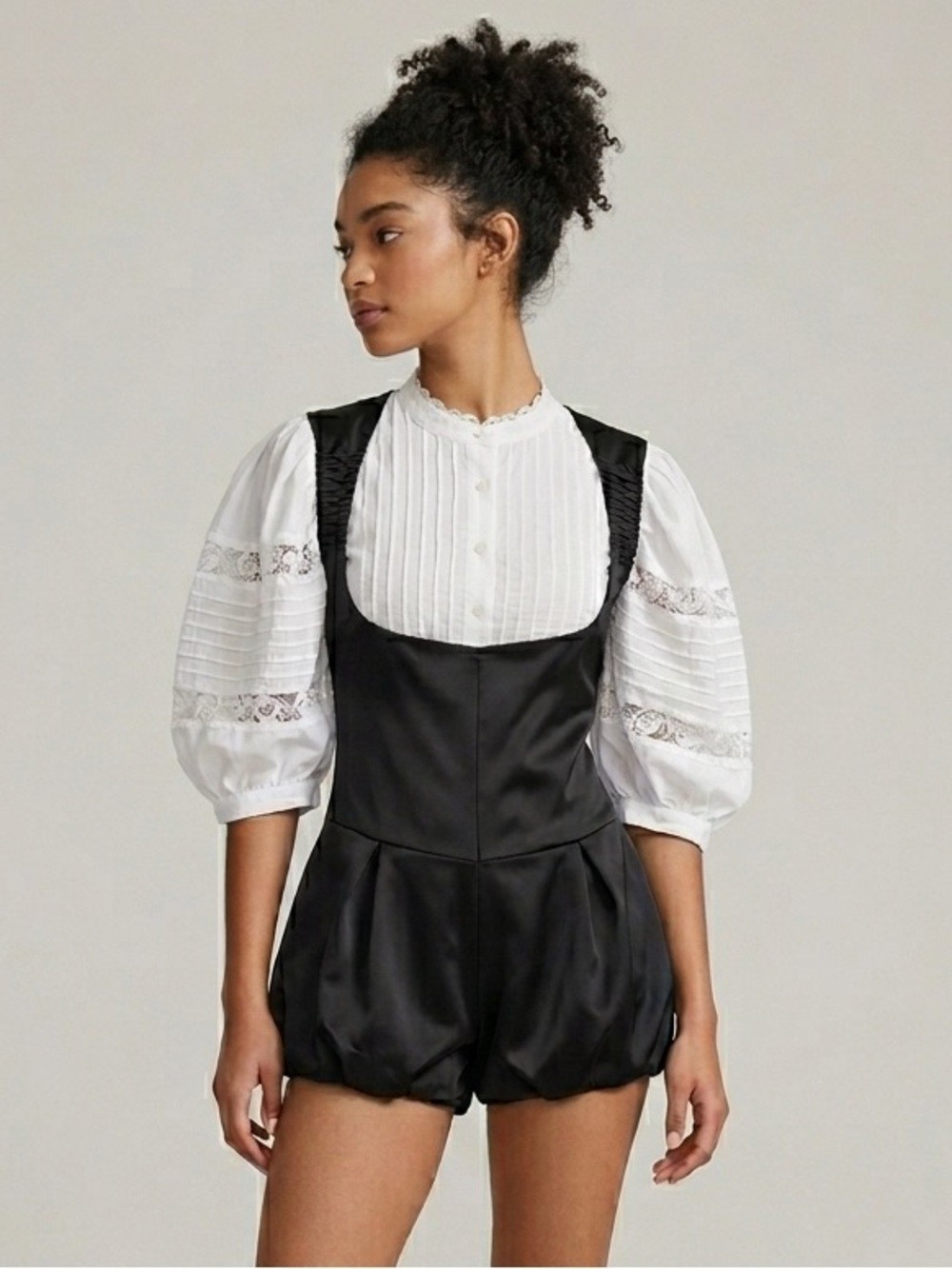 Black Satin Deep U-Neck Sleeveless Shortalls Romper – S, perfect for Oktoberfest