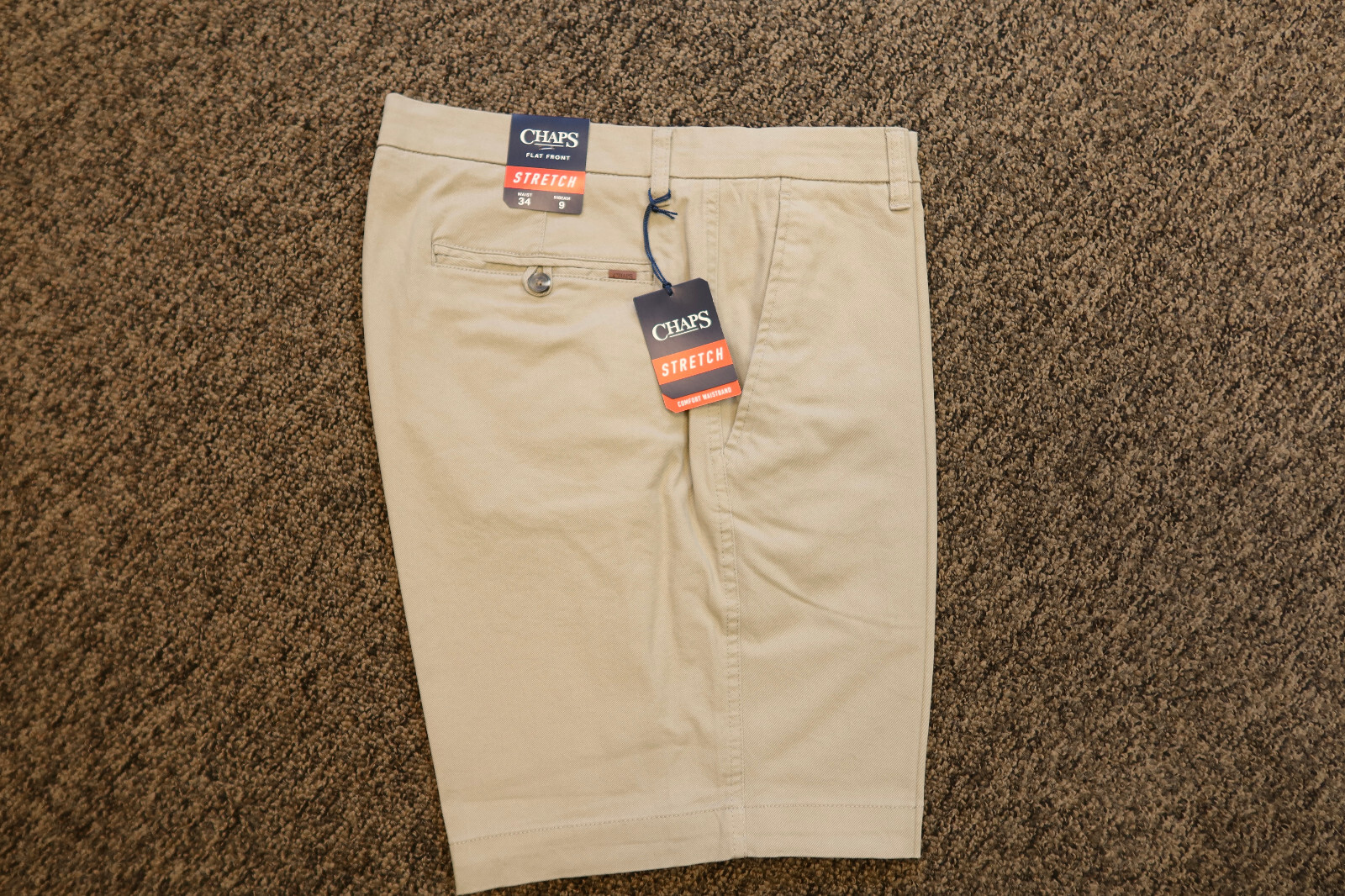 New Chaps Men’s Flat Front Stretch 9″ Shorts with Comfort Waistband – 34 – Khaki