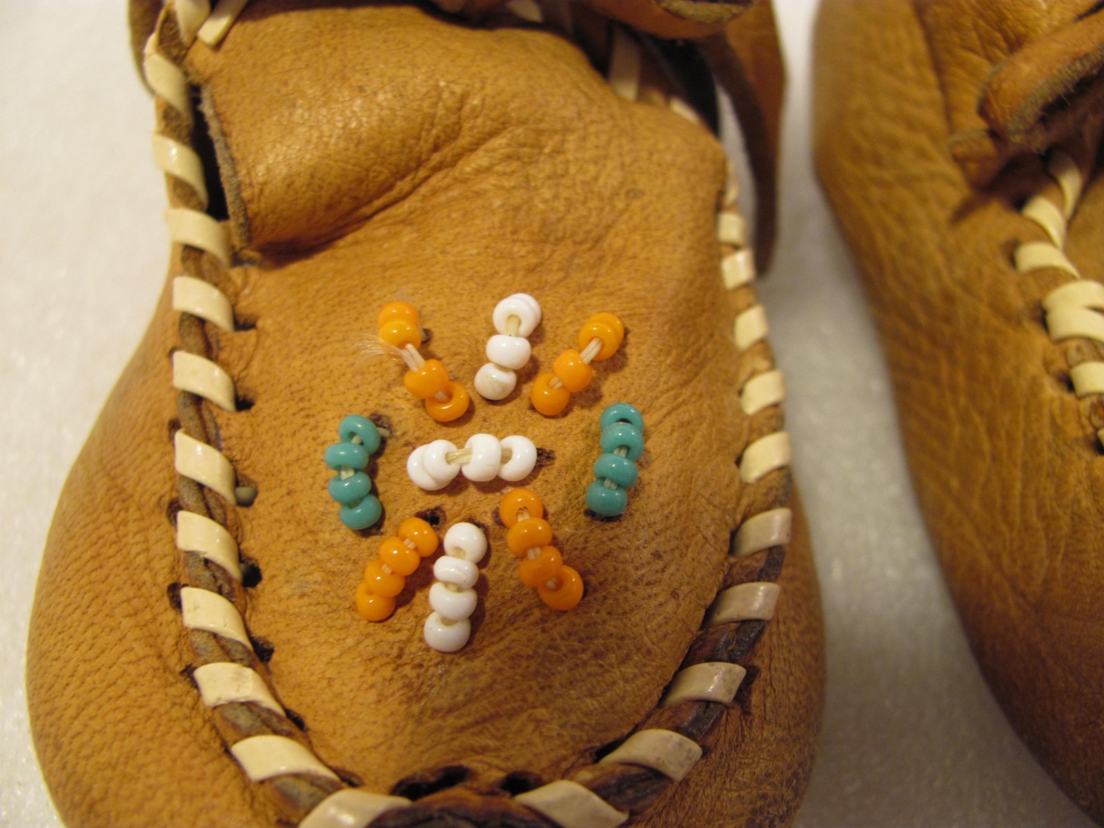 Baby Moccasins Size 4.5 Inches Genuine Brown Leather Vtg Beaded Decor Cute