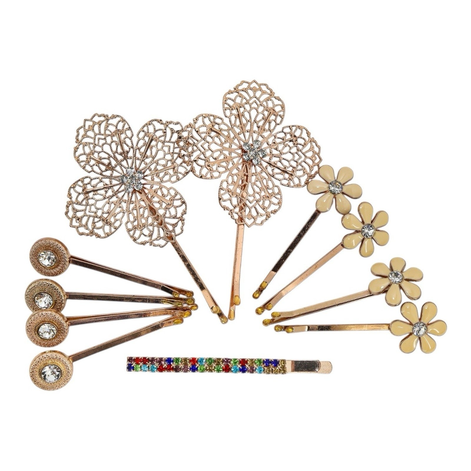 Lot of 11 Bridal Bobby Pins Rose Gold Tone Beige Floral Rhinestone Filigree