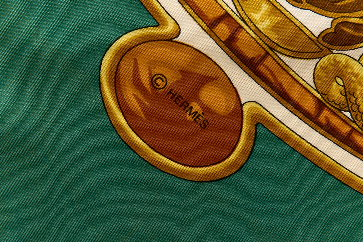 Hermes Silk Scarf Carre 90 “Scarab, Egypt” Green Silk Scarf us duty free