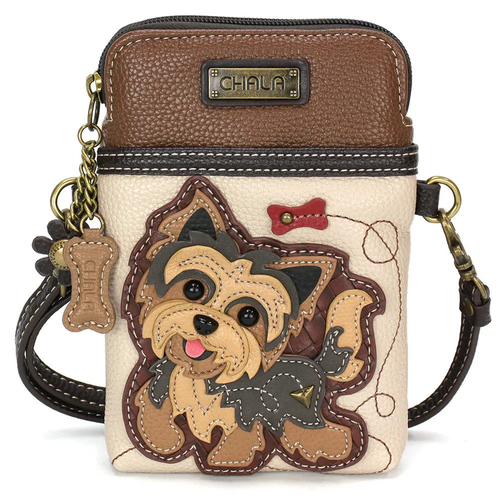 NEW CHALA IVORY BROWN YORKSHIRE DOG PUPPY CELL PHONE CROSSBODY PURSE ADJ STRAP