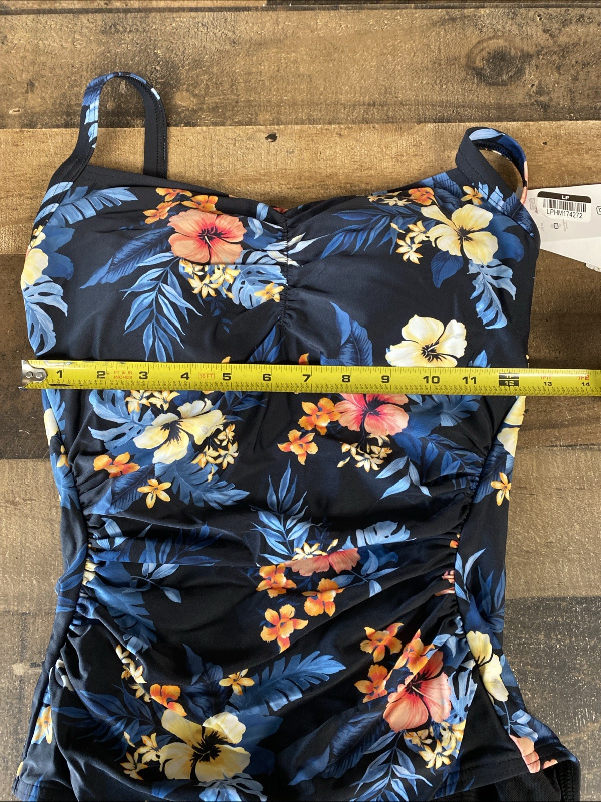 Lands’ End Ruched Sweetheart One Piece Swimsuit Black Tropical Size S 6-8 New