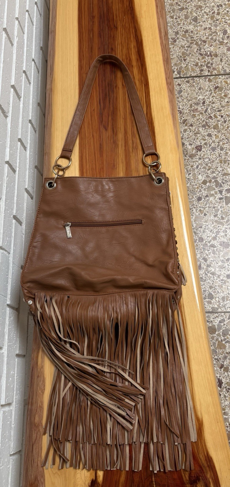 Imoshion Brown Fringe Studded Shoulder Bag Floral Lined, Zip/Snap, Pockets