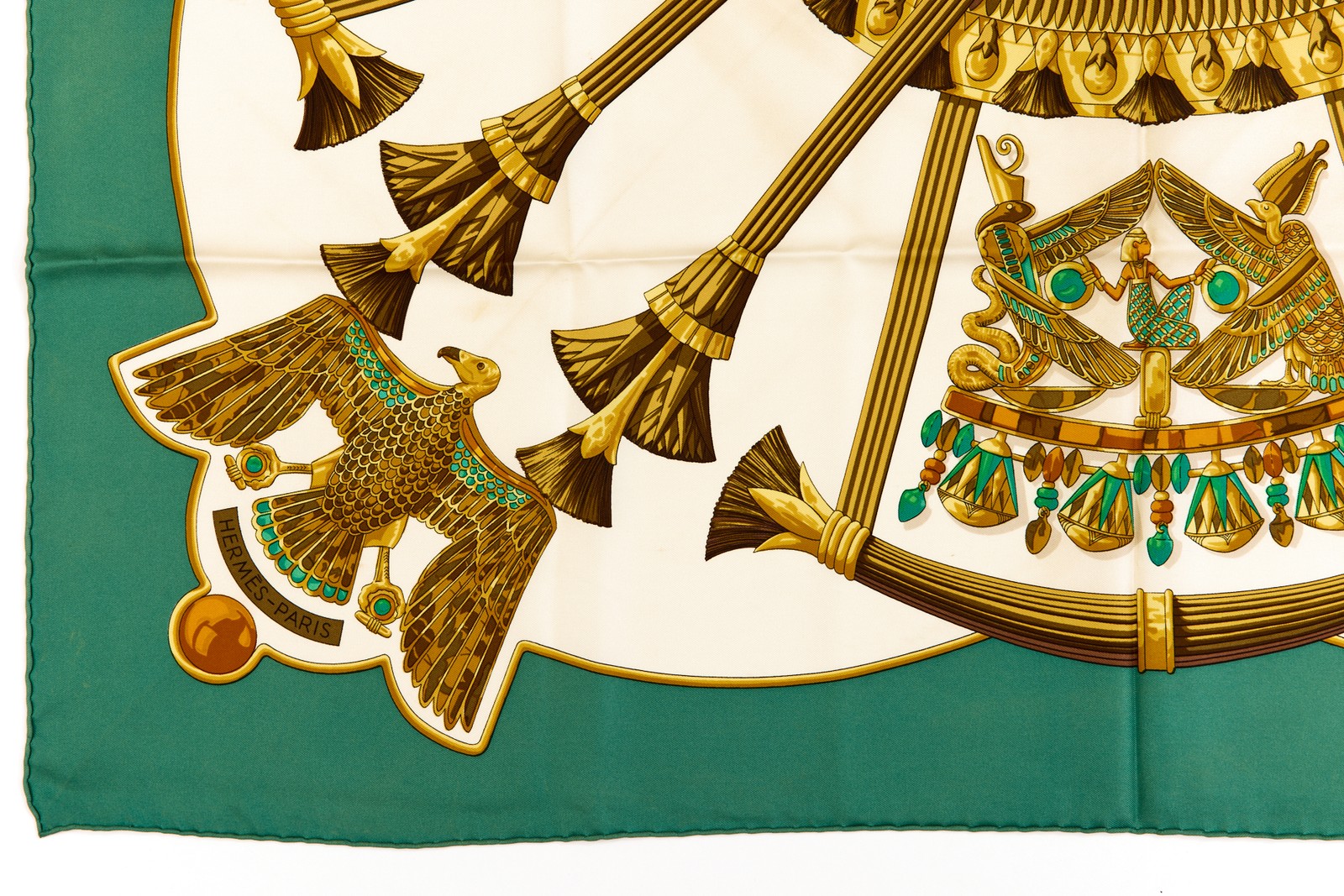 Hermes Silk Scarf Carre 90 “Scarab, Egypt” Green Silk Scarf us duty free