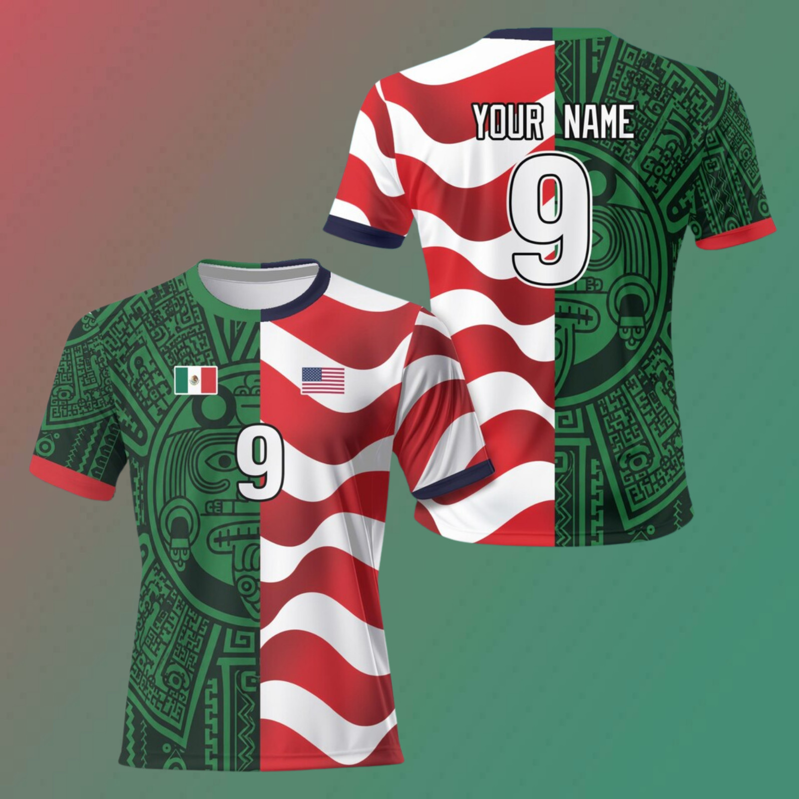 Mexico USA Soccer Jersey Custom Name Number Aztec Mexican American Fan (S-5XL)