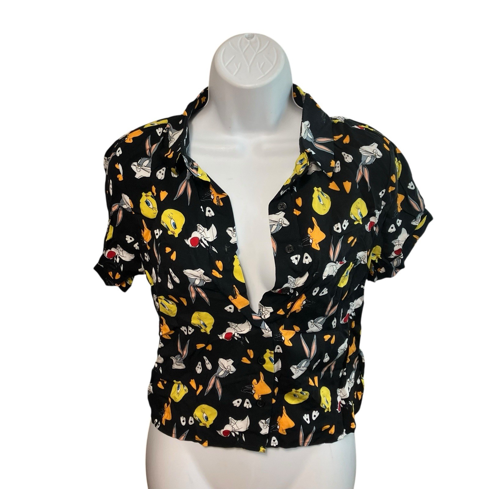 Looney Tunes Shirt Womens Black Button Up Cartoon Novelty Sz M Tweety Bugs
