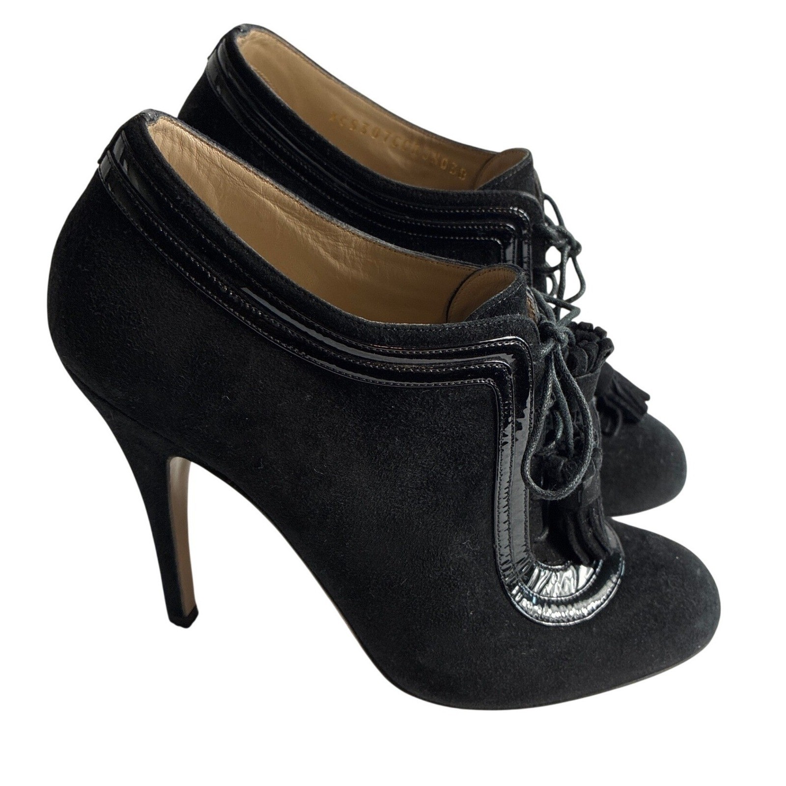 Valentino Garavani Black Suede Patent Tassel Lace Up Ankle Boots Heels 38 Italy