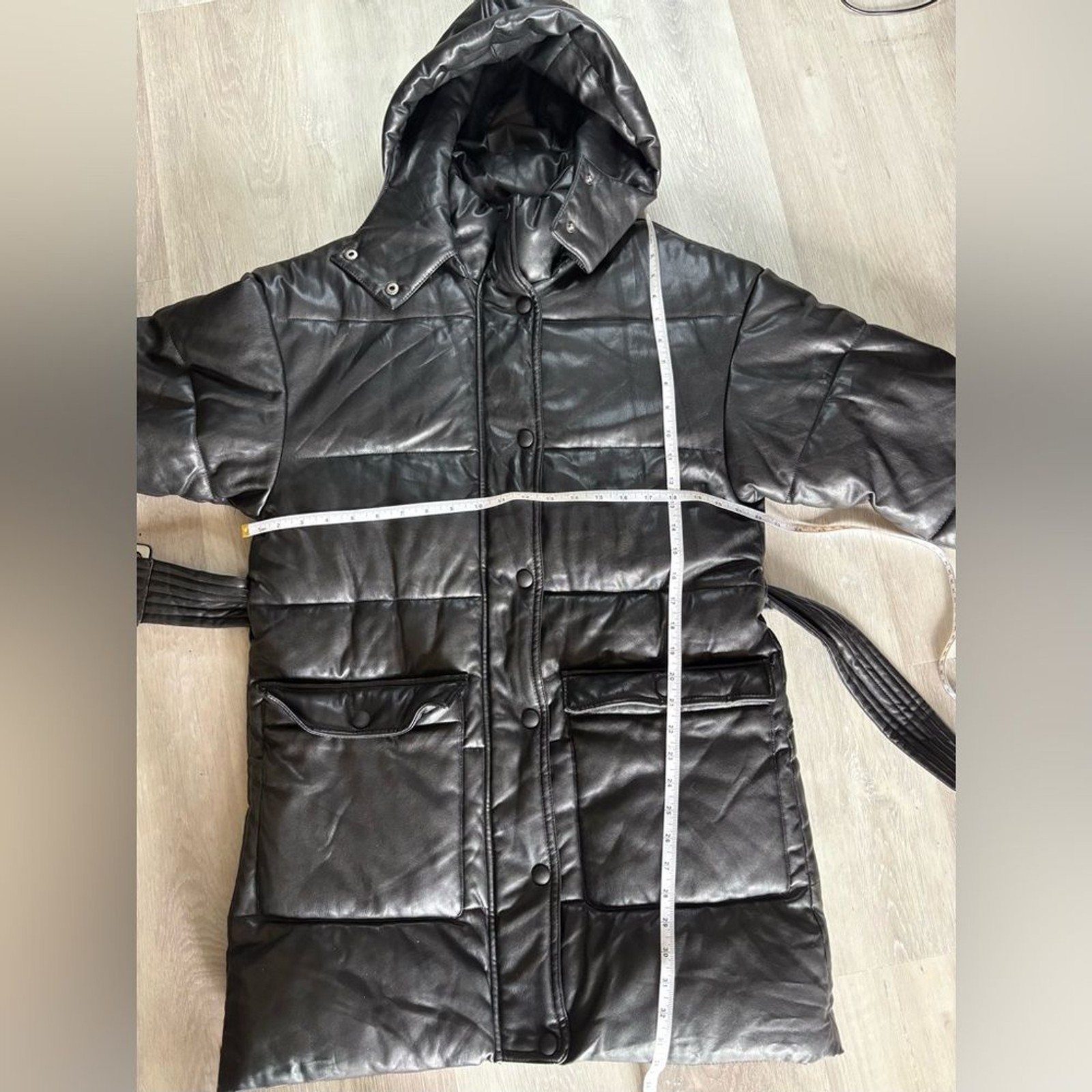 Warm Puffy Belted Black Coat Removable Hood Snap and Zipper Closures Size S