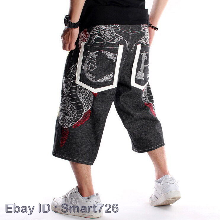 Mens Jeans Shorts Denim Pants Hip-Hop Embroidery Snake Black W30-W46