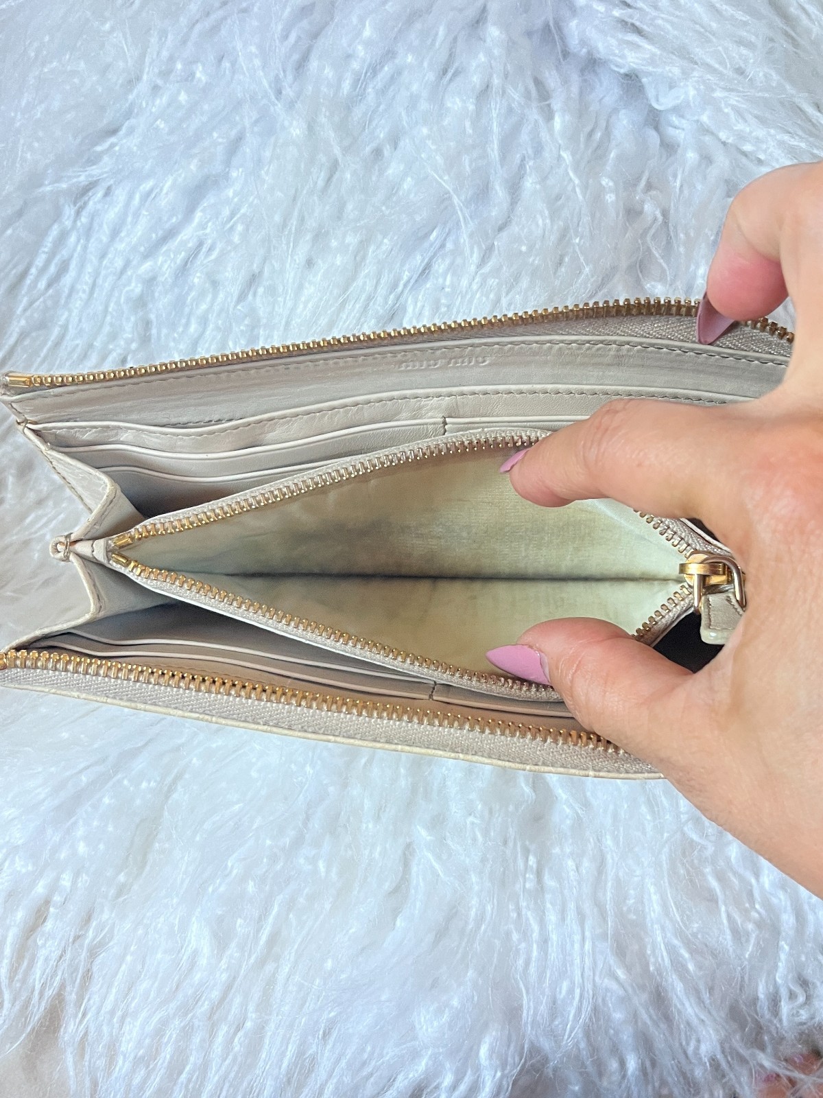 Miu Miu Beige Croc Embossed Zip Clutch Wallet