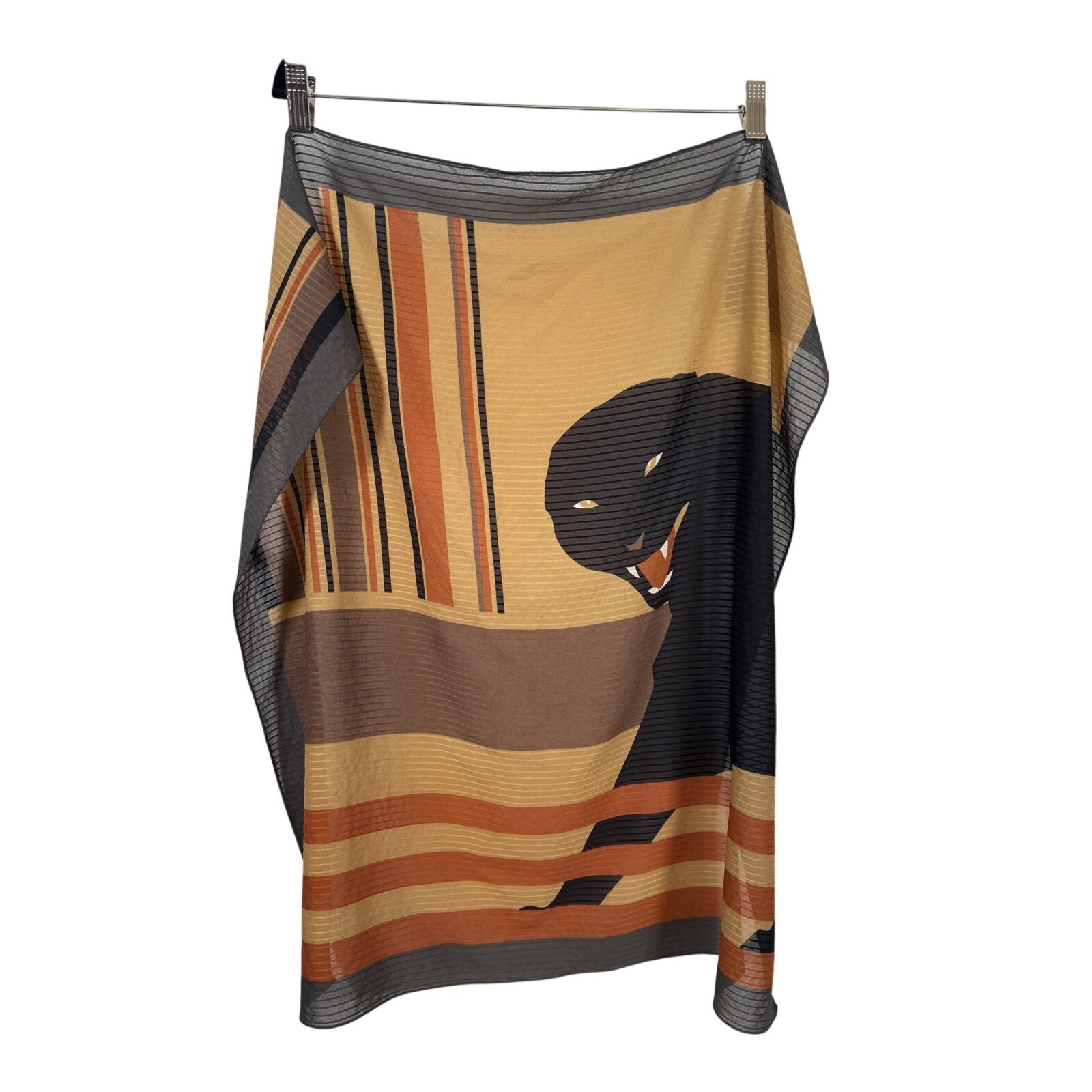 Panther Graphic Print Scarf Womens Tan Black Orange Ribbed Polyester Semi-Sheer