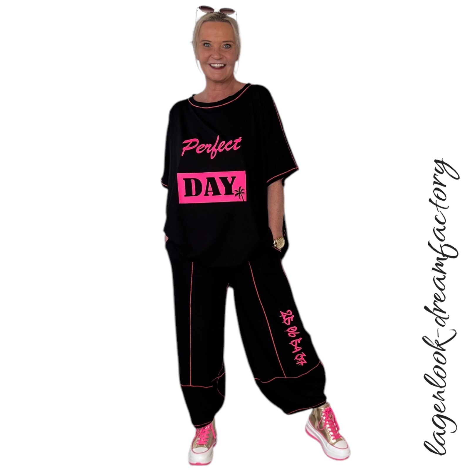 Lagenlook Balloon Jersey Jumper Short Sleeve Black Neon Pink 44 46 48 50 52 54 56 58