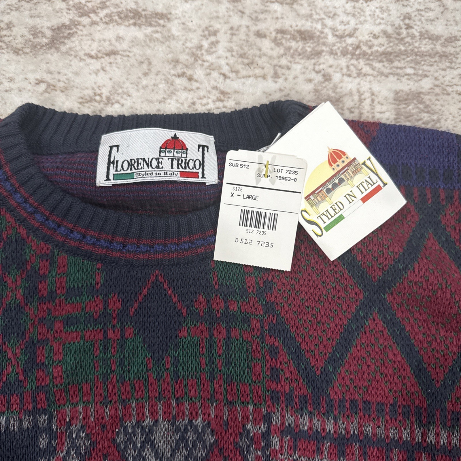 Vintage Florence Tricot Patchwork Knit Multicolor Sweater Mens XL Italy Style