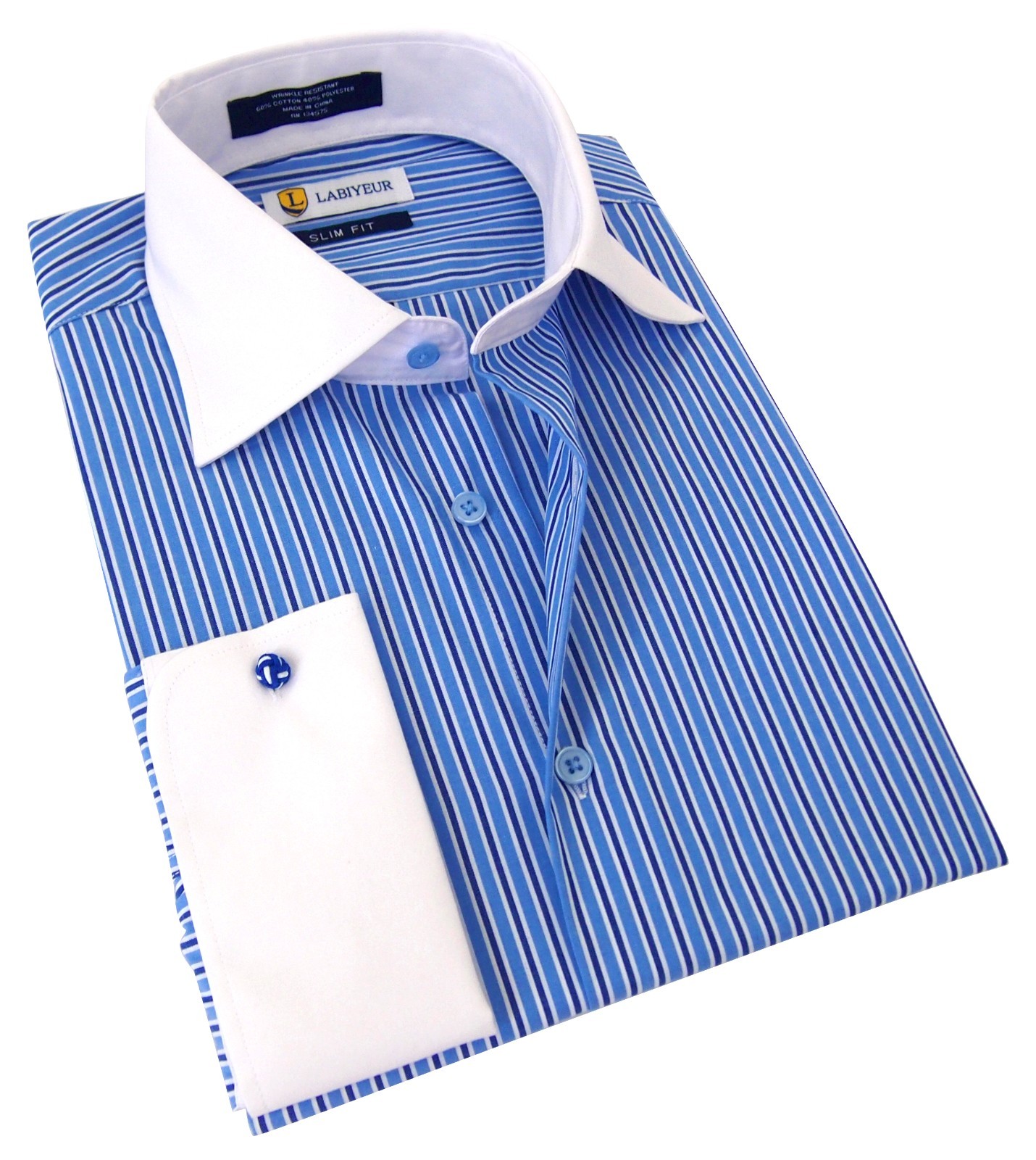Labiyeur Slim Fit Double Blue White Stripes French Cuff Dress Shirt
