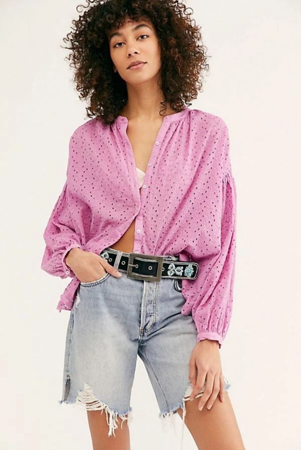 FREE PEOPLE NWT Maddison Eyelet Balloon Sleeve Oversized Orchid Blouse S Pink