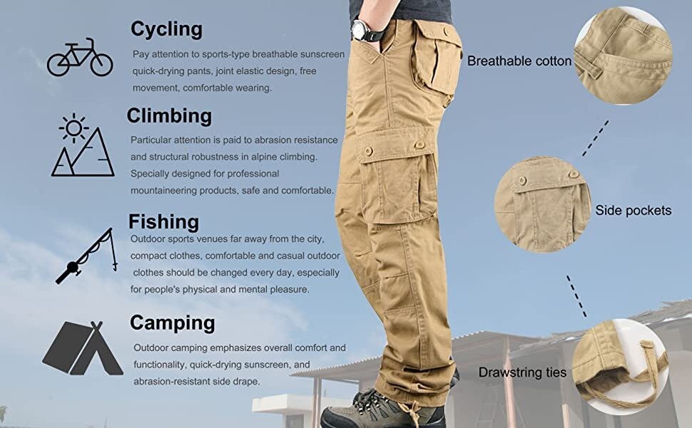 8 Pockets US Men’s Cargo Pants Cotton Work Trousers Tactical Combat Outdoor Pant