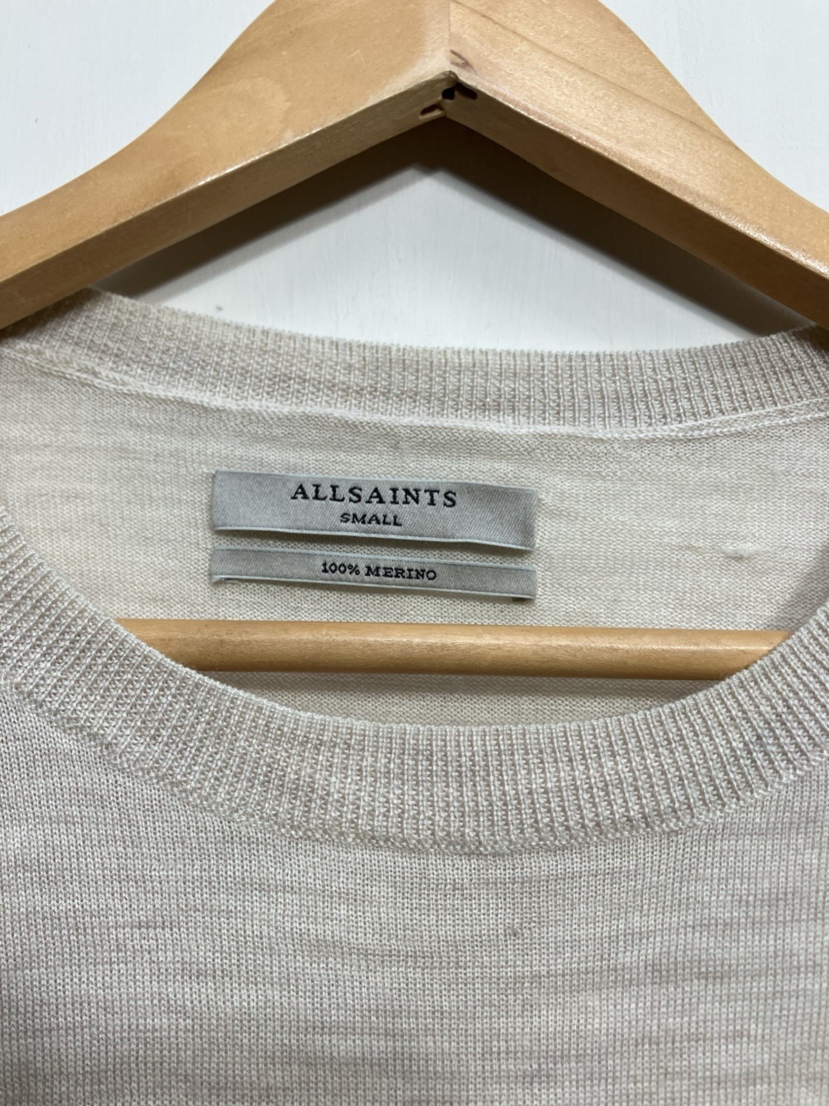 All Saints 100% Merino Wool Jumper Womens Size Small Beige Thin Knit Open Elbow